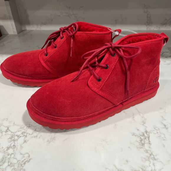 UGG Plush Neumel Boot Red Suede Shearling Lace Up Round Toe Ankle Men's Size 13 - Picture 1 of 8